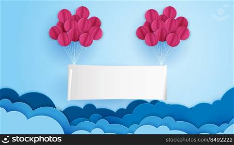 Paper art of signboard hang on the blue sky and cloud with balloon, template for text and label, vector design.