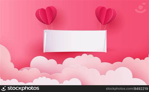 Paper art of signboard hang on the pink sky and cloud with heart balloon, template for text and label, vector design.