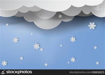 Paper art of snow with winter season blue sky background,vector