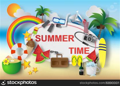 Paper art of summer time element banner background,travel,vector