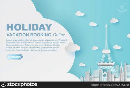 Paper art of Traveling holiday hotel booking Eiffel tower Paris city,Website Travel landmarks city pastel color suitcase concept your text space background,Illustration of idea design vacation.vector.