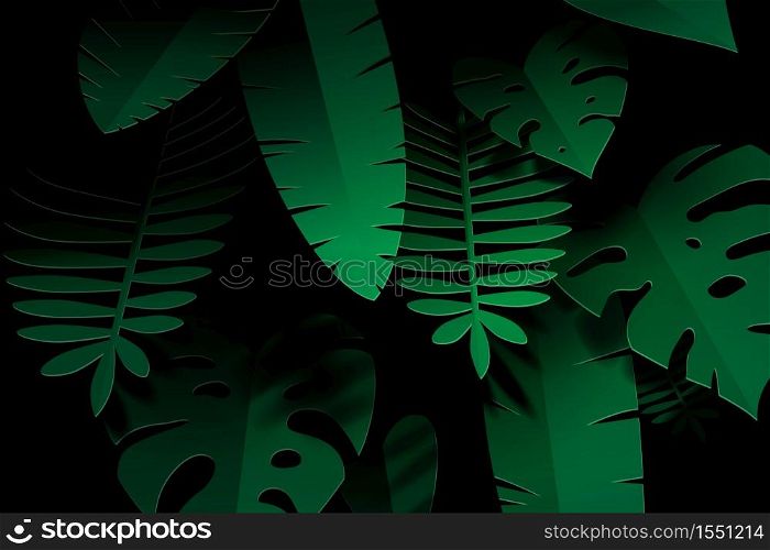 Paper art of tropical leaf on black, vector art and illustration.