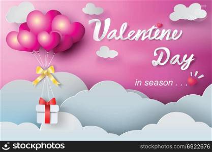 Paper art of valentine day ballon with gift on cloudscape,pink,vector
