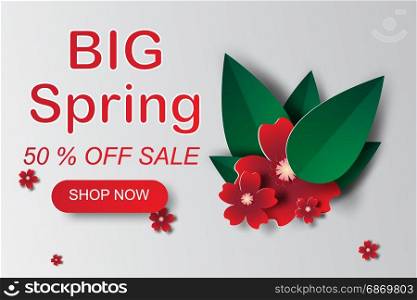 Paper art of Web Frame with red flowers and leaf for spring sales banners,vector design