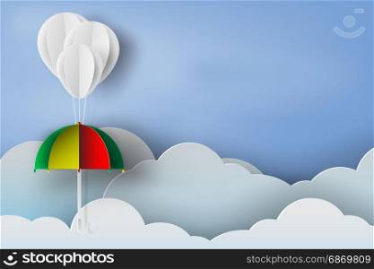 paper art of white balloon and colorful umbrella with rainy season on blue sky background,vector. paper art of white balloon and colorful umbrella rainy season on blue sky background,vector