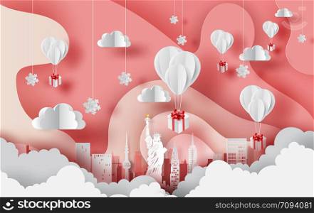Paper art of white balloons gift floating on Abstract Curve shape pink sky background,winter seasontime concept. City landscape for card and poster. New York city. USA. vector. illustration. EPS10