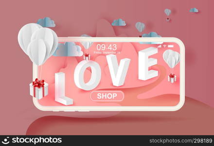 Paper art of white balloons gift floating with nature landscape view scene place for Mobile shopping online your text space background..Valentine's day concept.elements vector for greeting card.