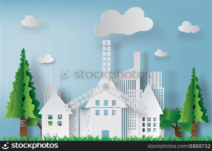 paper art of white cityscape with blue sky beautiful background,vector