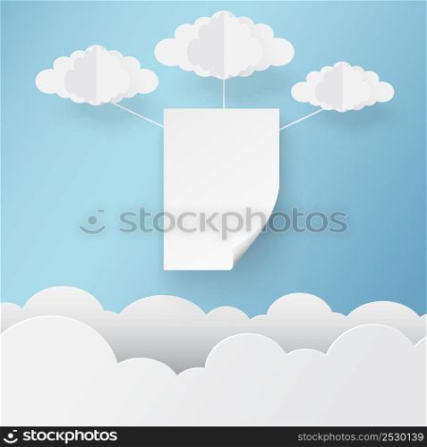 Paper art of white paper on sky with clouds, template for text and label, vector art and illustration.