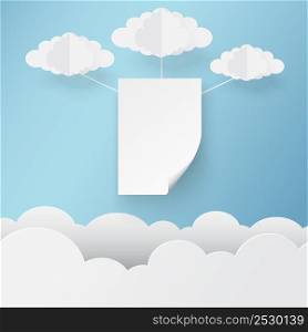 Paper art of white paper on sky with clouds, template for text and label, vector art and illustration.