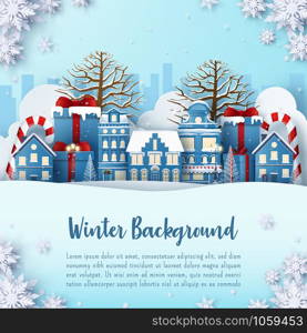 Paper art of Winter background postcard banner of town with snowing, Merry Christmas and Happy New Year