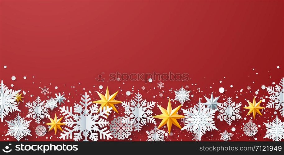 Paper art of Winter decoration with snowflakes, stars on red background, Merry Christmas and Happy New Year