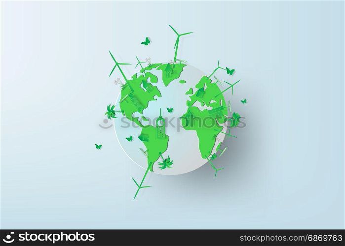 Paper art of World environment day with rainy season. Earth globe ,Vector illustration