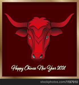 Paper art ox head on red background with yellow gold frame. Chinese zodiac sign Ox, Vector illustration for Happy New year 2021