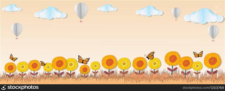 Paper art panorama landscape of Sunflower field with hot air balloon and blue sky background, illustration cartoon of beautiful natural landscape of yellow field of summer flowers and butterfly