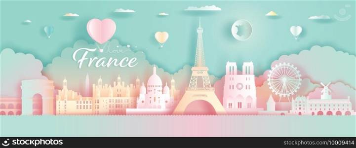 Paper Art, paper cut, Origami, Postcard And Poster, France Colorful Architecture, Travel Landmarks with Love Balloons for Advertising, Wallpaper, Tour Paris with Panorama View Capital Colorful.