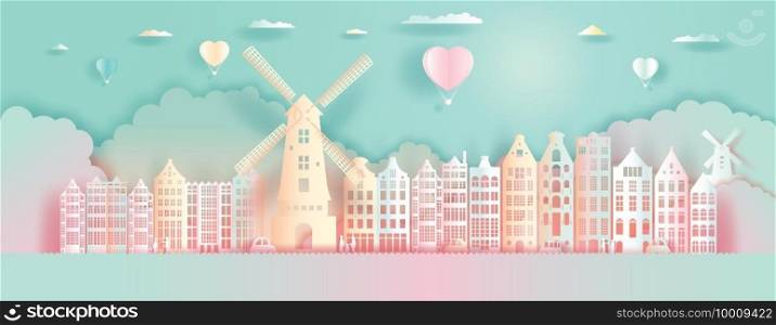 Paper Art, paper cut, Origami, Postcard And Poster, Netherlands Colorful Architecture, Travel Landmarks with Love Balloons for Advertising, Tour Netherlands with Panorama View Capital Colorful.