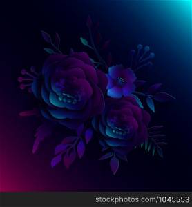 Paper art, realistic vector 3D flowers on a neon blue and pink light with leaves cut of paper. Stock image illustration. Paper art, realistic vector 3D flowers on a neon blue and pink light with leaves cut of paper. Stock illustration