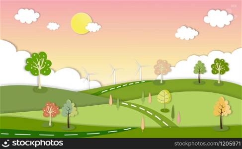 Paper art Spring landscape with mountain, sky and clouds,Panorama Green fields, fresh rural nature in springtime with green grass land. Cartoon vector illustration for spring and summer banner