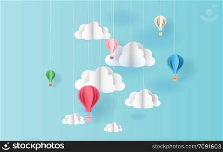 paper art style of balloons colorful color floating in air blue sky background.Creative design space for Christmas day,Festival,holiday,summer season,springtime.Good idea Pastel color.vector EPS10