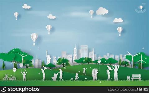 Paper art style of eco landscape in the New York City America with happy family having fun,People big family enjoy fresh air in outdoor park,illustration idea design ecology paper cut concept vector.