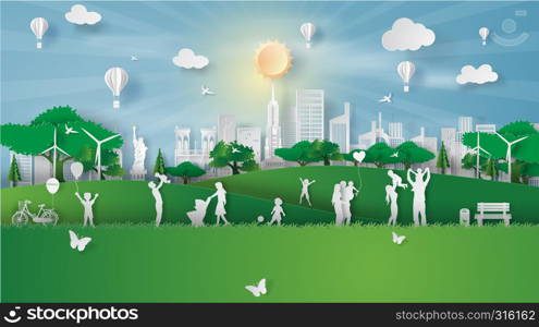 Paper art style of eco landscape sunlight at New York City America with happy family having fun,People big family enjoy fresh air in outdoor park,illustration design ecology paper cut concept vector.