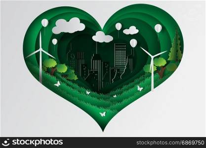 Paper art style of heart green town with ecology concept idea,vector