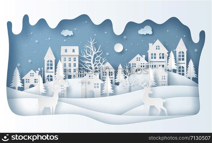 Paper art style of Reindeer in the village in winter season, Merry Christmas and Happy New Year