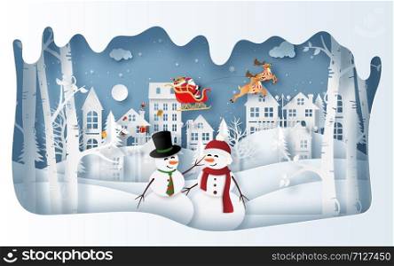 Paper art style of Snowman at the village in winter season with Santa Claus, Merry Christmas and Happy New Year