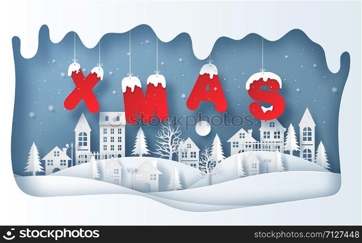 Paper art style of the village in winter season with hanging XMAS word, Merry Christmas and Happy New Year
