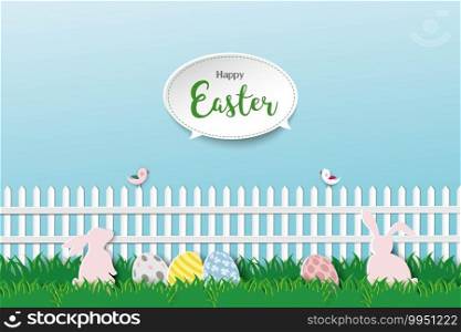 Paper art style with rabbit and easter egg on grass,for Easter holiday,celebrate party,invitation,greeting card or poster,vector illustration