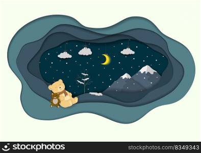 Paper art winter landscape with cute bear sleeping in hole,vector illustration
