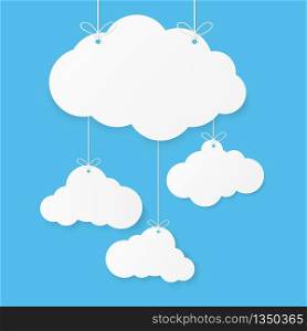 Paper art with cloud on blue sky background. Speech Bubble with white blank hanging. vector illustration