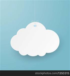 Paper art with cloud on blue sky. Copy space. Speech Bubble, White blank hanging.