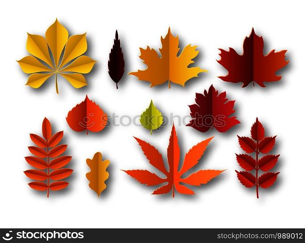 Paper autumn leaves. Beautiful fall colourful foliage. Orange, red and yellow papercut leaf decoration isolated vector cut season plant elements. Paper autumn leaves. Beautiful fall colourful foliage. Orange, red and yellow papercut leaf decoration isolated vector elements