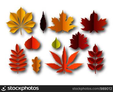 Paper autumn leaves. Beautiful fall colourful foliage. Orange, red and yellow papercut leaf decoration isolated vector cut season plant elements. Paper autumn leaves. Beautiful fall colourful foliage. Orange, red and yellow papercut leaf decoration isolated vector elements