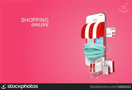 Paper Bag Cart gift box on market background. Shopping online during quarantine covid-19. Stay at home avoid spreading the coronavirus. concept. Smartphone shopping online for isometric 3D. vector