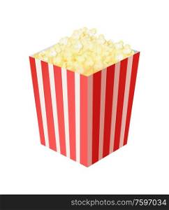 Paper bag full of popcorn. Red and white striped bucket special for popcorn isolated on white background vector Illustration. Paper Bag Full of Popcorn