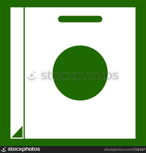Paper bag icon white isolated on green background. Vector illustration. Paper bag icon green