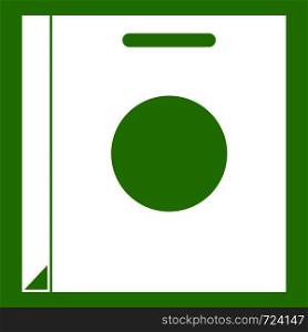 Paper bag icon white isolated on green background. Vector illustration. Paper bag icon green