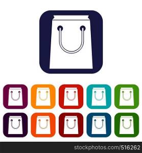 Paper bag icons set vector illustration in flat style in colors red, blue, green, and other. Paper bag icons set