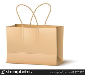 Paper bag mockup. Brown shopping craft package with handle ropes isolated on white background. Paper bag mockup. Brown shopping craft package with handle ropes