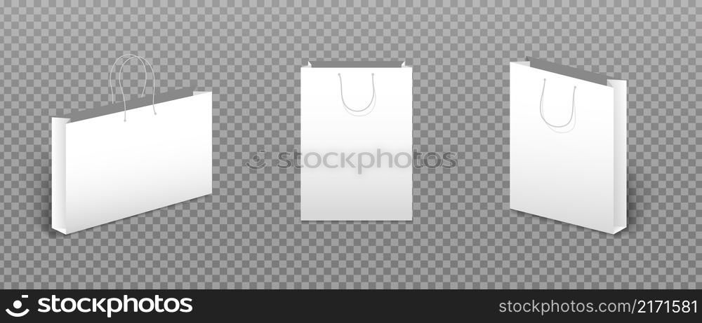 Paper bag mockup. White empty cardboard packet for shopping. 3d eco handbag collection for store product. Realistic branding bags. Gifts package. vector illustration