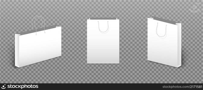 Paper bag mockup. White empty cardboard packet for shopping. 3d eco handbag collection for store product. Realistic branding bags. Gifts package. vector illustration