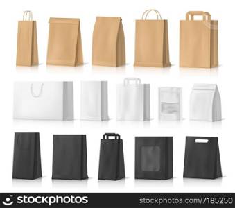 Paper bag mockups of shopping, gifts and food packages realistic vector design. White, brown and black bags or boxes, made of craft paper or cardboard with cord handles and transparent windows. Shopping, gifts and food paper bag mockups