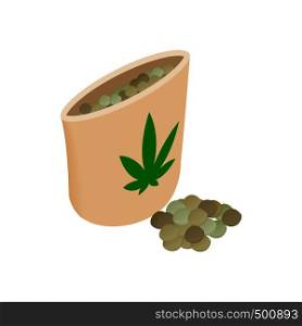 Paper bag of medical marijuana pills icon in isometric 3d style on a white background. Paper bag of medical marijuana pills icon