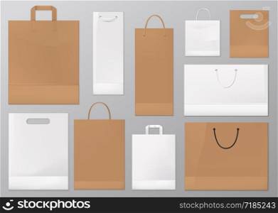 Paper bag vector mockups of blank white and brown shopping and gift packages. Realistic craft paper and cardboard bags with silk, cord and rope handles. Shop and supermarket packets, retail packaging. Paper shopping and gift bags realistic mockups