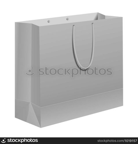 Paper bag. White carry gift template with handle. Empty branding box merchandise retail food packaging. Shop package blank design for commercial store fashion sale, advertising. Consumer packet mockup. Paper bag. White carry gift template, handle. Box