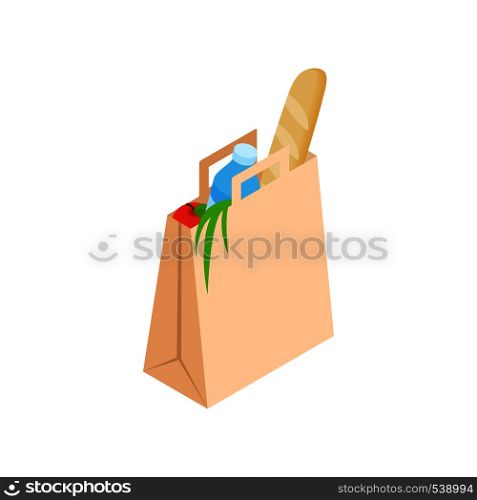 Paper bag with food icon in isometric 3d style on a white background. Paper bag with food icon, isometric 3d style