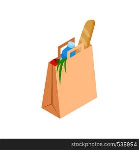 Paper bag with food icon in isometric 3d style on a white background. Paper bag with food icon, isometric 3d style